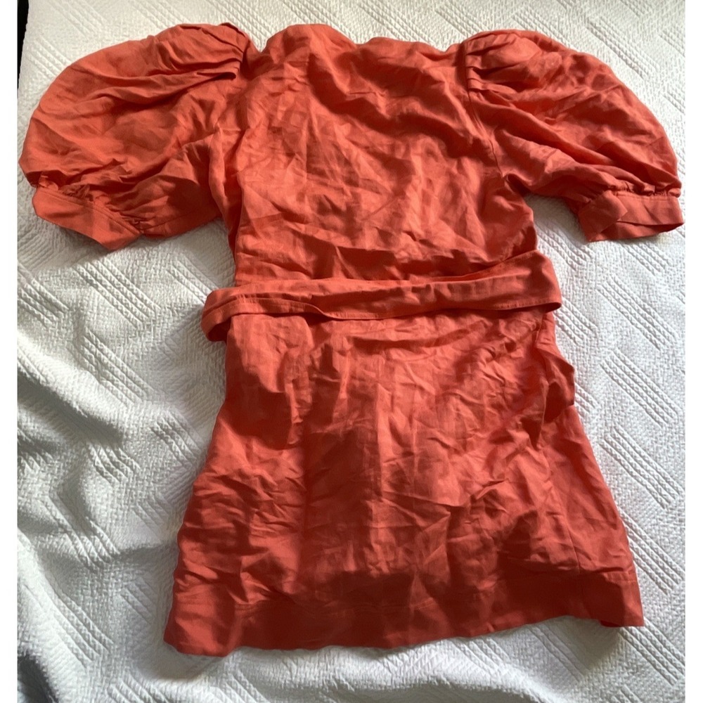 Hunter Bell Wrap Dress Women's Large Coral V Neck Puff Sleeve Linen Blend Luxury - Picture 10 of 10